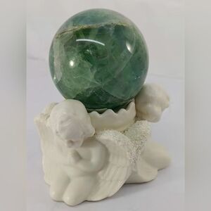 Green Fluorite Sphere on White Praying Angels Stand